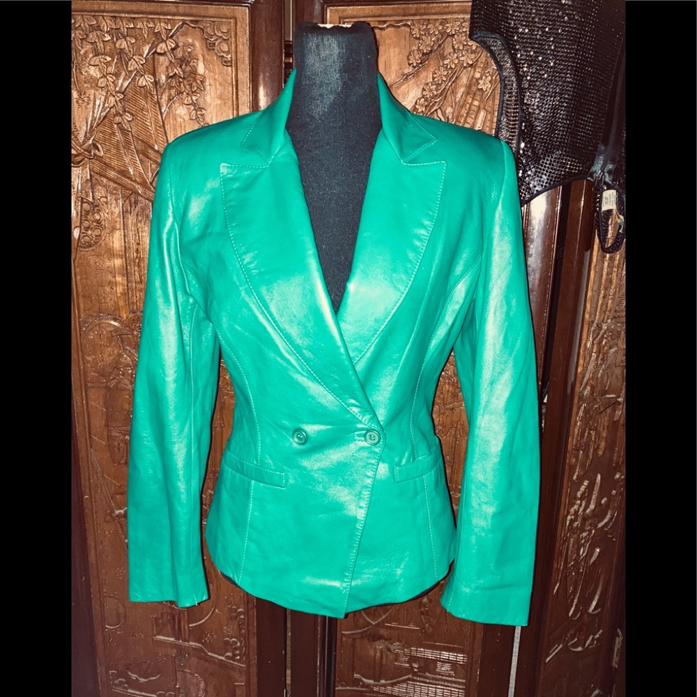 Begedor Italia Teal Green Vintage leather single breasted blazer.